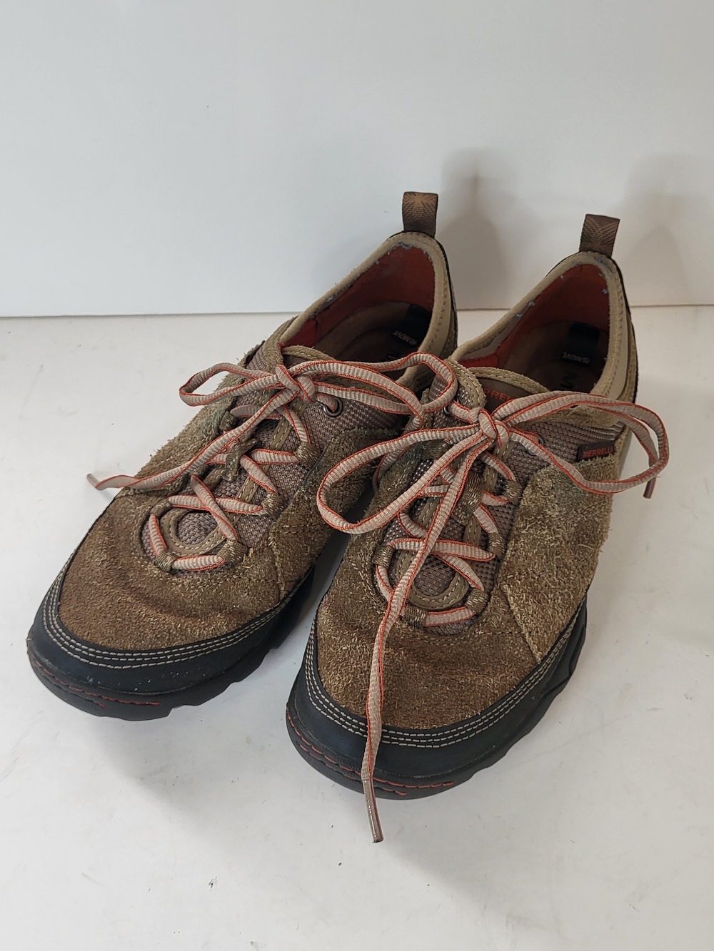 Merrell Women's Brown Suede Lace-Up Trail Loafers with Orange-Trim Laces